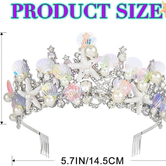Mermaid Crown Silver Shell Tiara Rhinestone Ocean Princess Hair Accessory - Picture 3 of 7